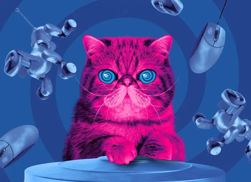 ‘HypnoCat’ (a magenta-coloured Persian cat with blue spiral eyes) leaning on a blue dustbin and electrical items floating in a blue spiral background.