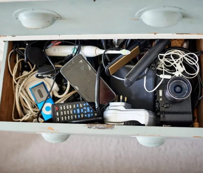 Wooden drawer pulled out that is full of old and unused electrical items