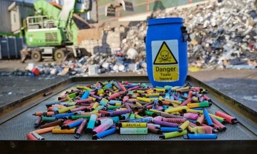 a tray of used single-use vapes in the foreground with a blurred pile of electrical waste in the background