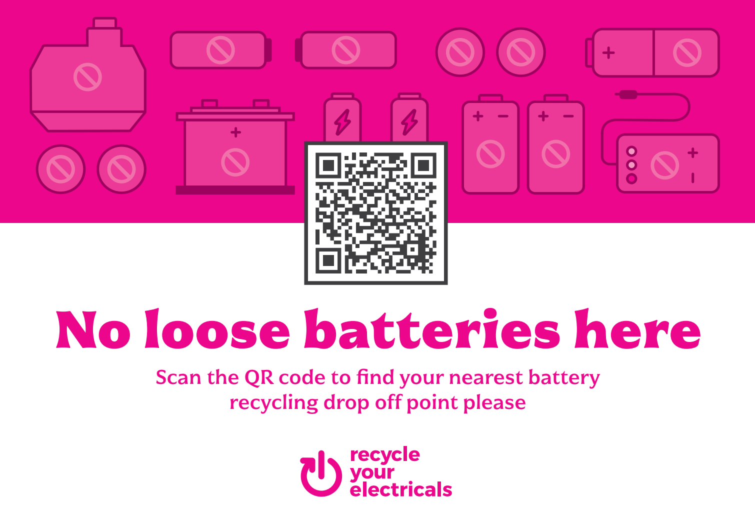 main text: 'no loose batteries here' against a pink backdrop, with faded battery icons and QR code